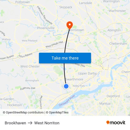 Brookhaven to West Norriton map