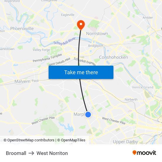 Broomall to West Norriton map