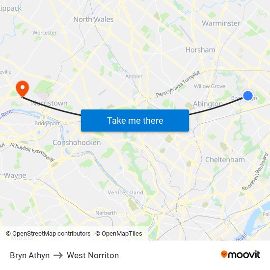 Bryn Athyn to West Norriton map