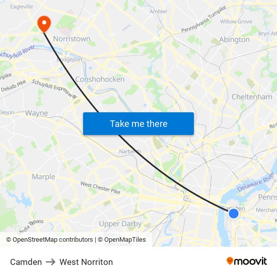 Camden to West Norriton map