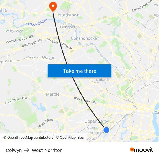 Colwyn to West Norriton map