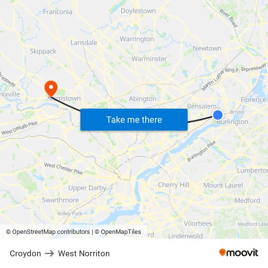 Croydon to West Norriton map