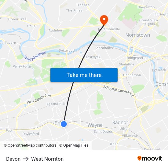 Devon to West Norriton map