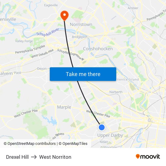 Drexel Hill to West Norriton map