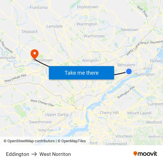Eddington to West Norriton map