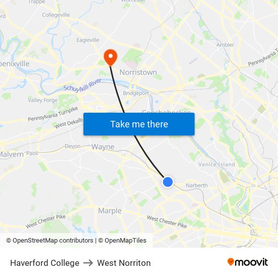 Haverford College to West Norriton map