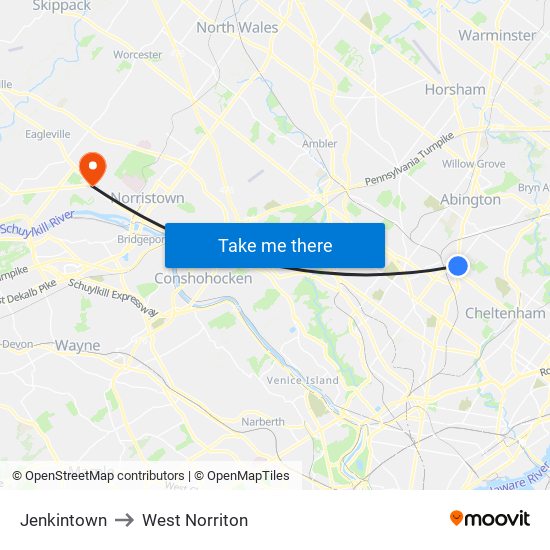 Jenkintown to West Norriton map