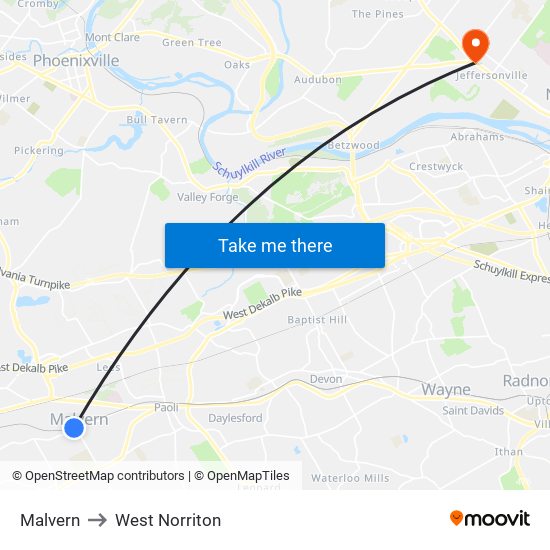 Malvern to West Norriton map