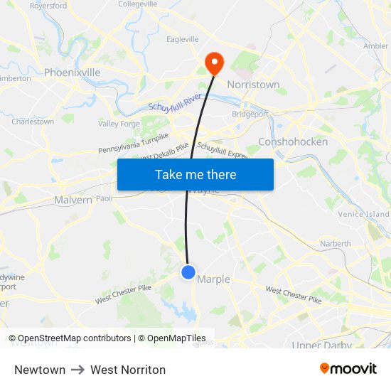 Newtown to West Norriton map