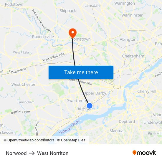 Norwood to West Norriton map