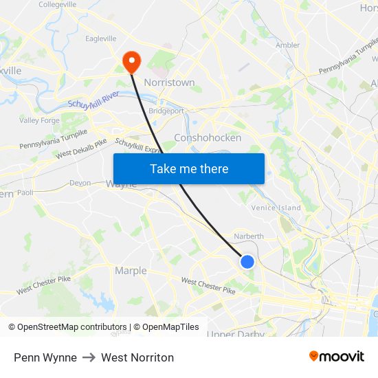 Penn Wynne to West Norriton map