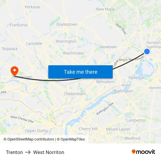 Trenton to West Norriton map