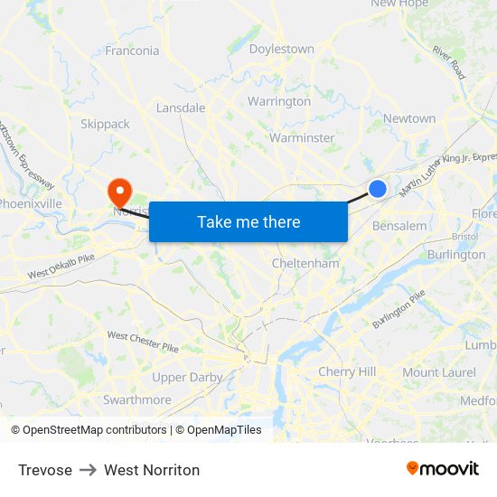 Trevose to West Norriton map