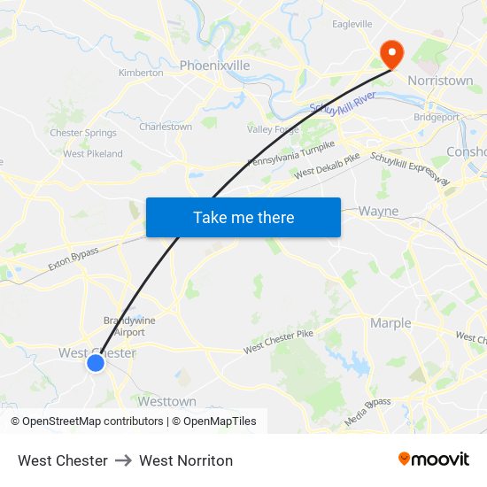West Chester to West Norriton map