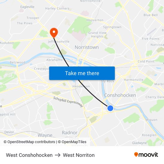 West Conshohocken to West Norriton map