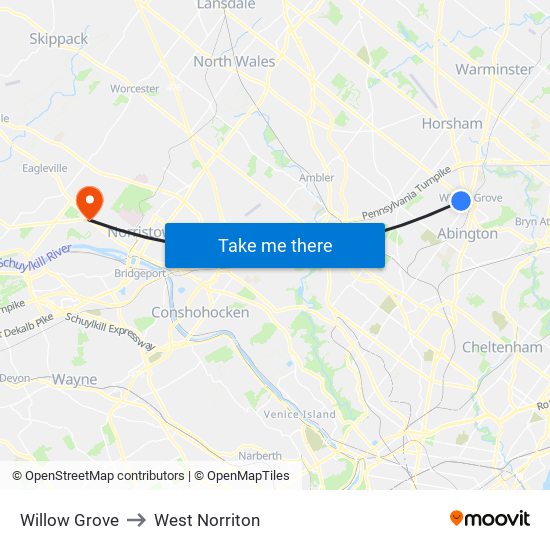 Willow Grove to West Norriton map