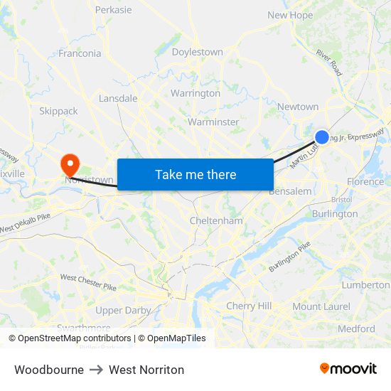 Woodbourne to West Norriton map