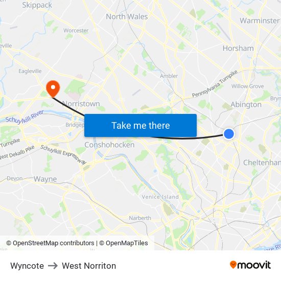 Wyncote to West Norriton map