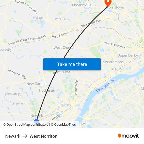 Newark to West Norriton map