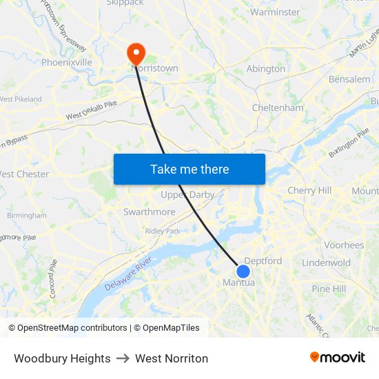 Woodbury Heights to West Norriton map