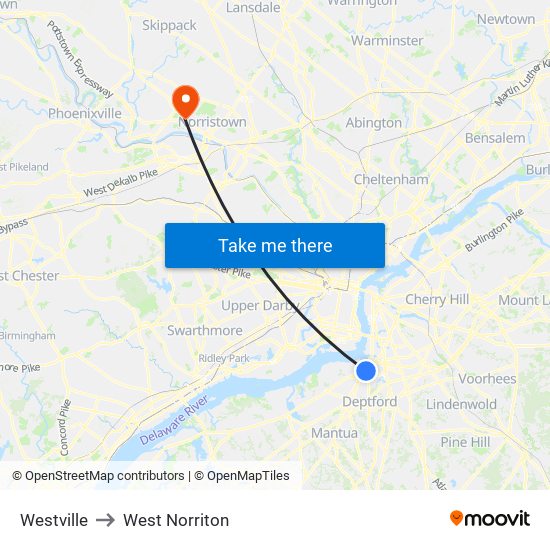 Westville to West Norriton map