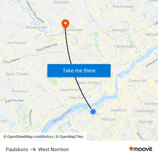 Paulsboro to West Norriton map