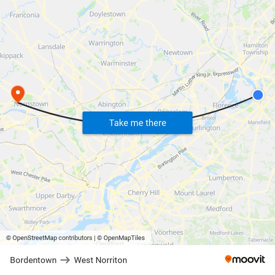 Bordentown to West Norriton map