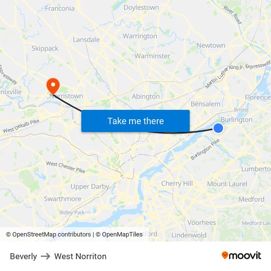 Beverly to West Norriton map
