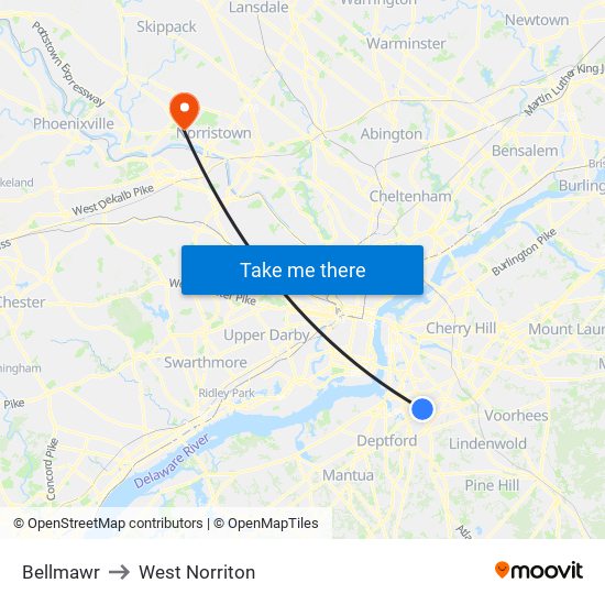 Bellmawr to West Norriton map