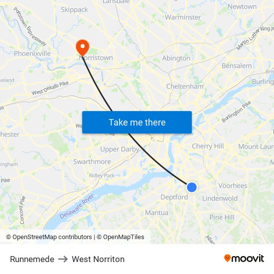 Runnemede to West Norriton map