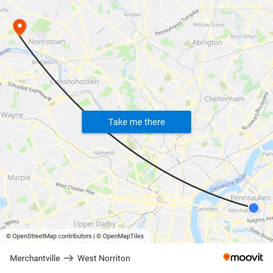 Merchantville to West Norriton map