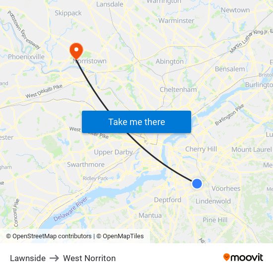 Lawnside to West Norriton map