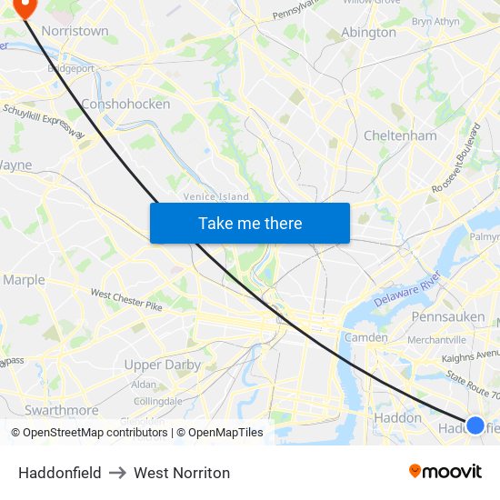 Haddonfield to West Norriton map