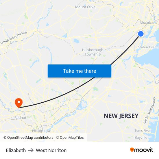 Elizabeth to West Norriton map