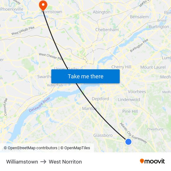 Williamstown to West Norriton map