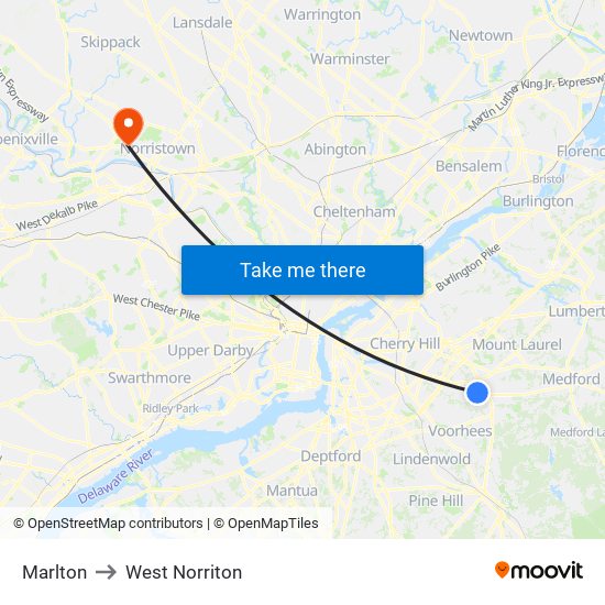 Marlton to West Norriton map