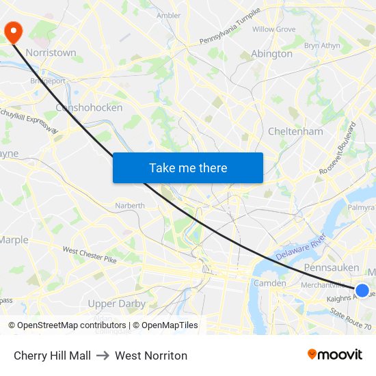 Cherry Hill Mall to West Norriton map