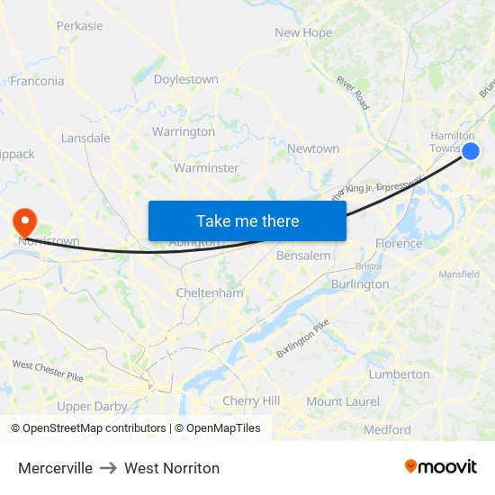 Mercerville to West Norriton map