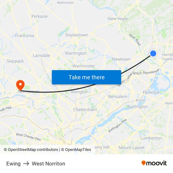 Ewing to West Norriton map