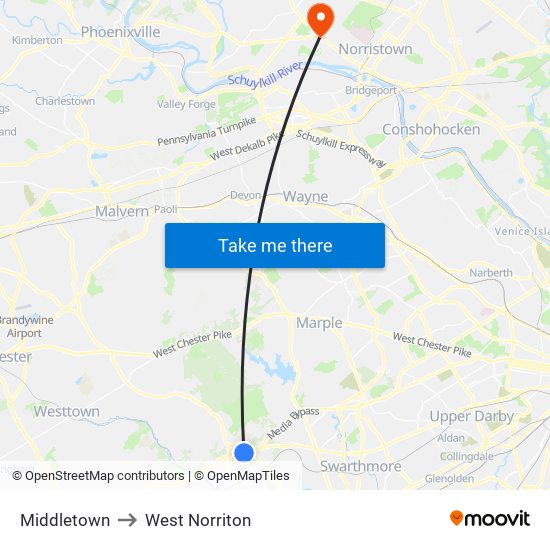 Middletown to West Norriton map