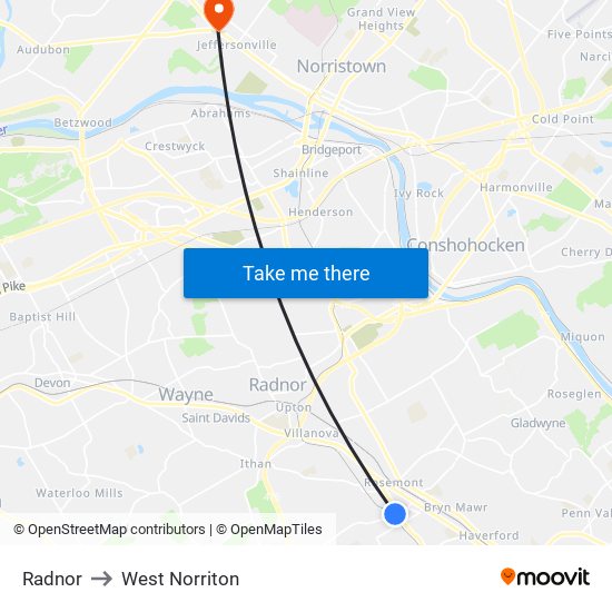 Radnor to West Norriton map