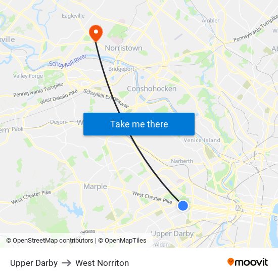 Upper Darby to West Norriton map