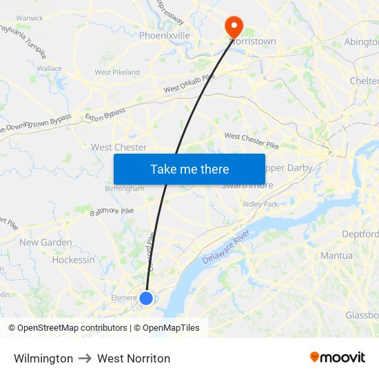 Wilmington to West Norriton map