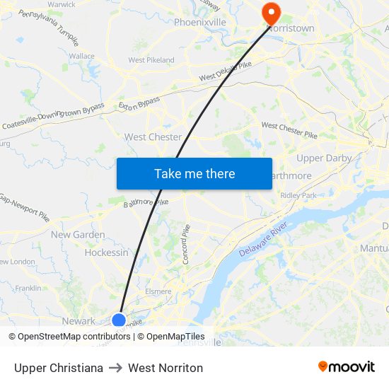 Upper Christiana to West Norriton map