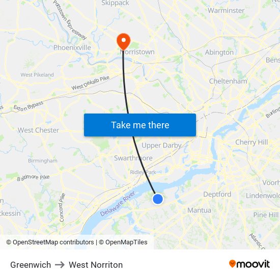 Greenwich to West Norriton map