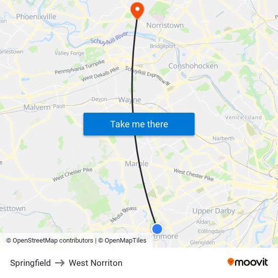 Springfield to West Norriton map