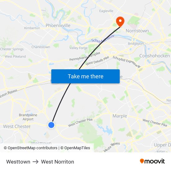 Westtown to West Norriton map