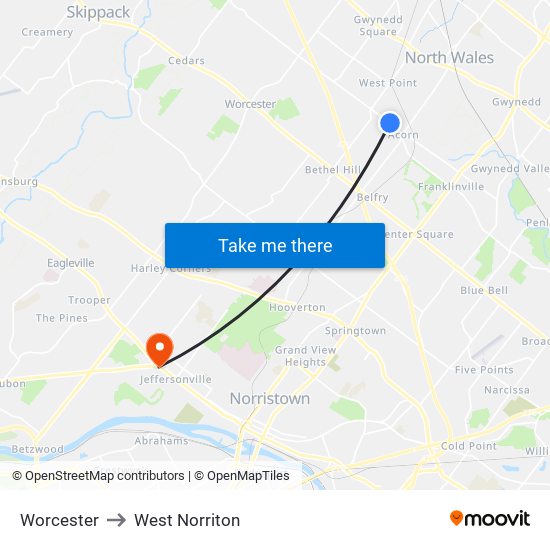 Worcester to West Norriton map