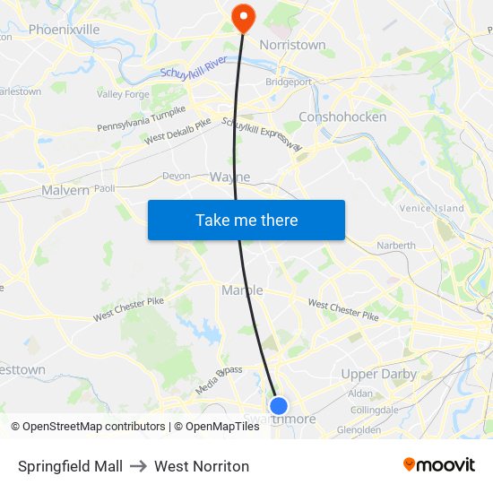 Springfield Mall to West Norriton map