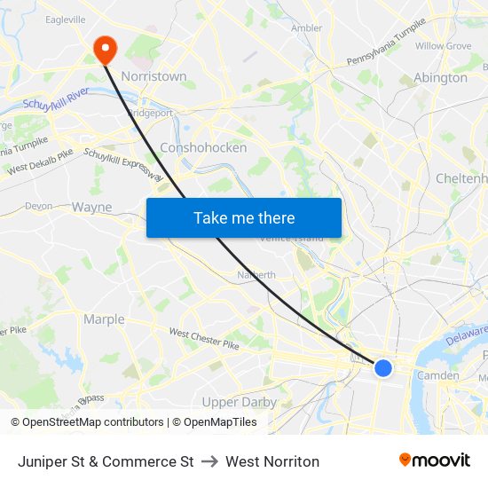 Juniper St & Commerce St to West Norriton map